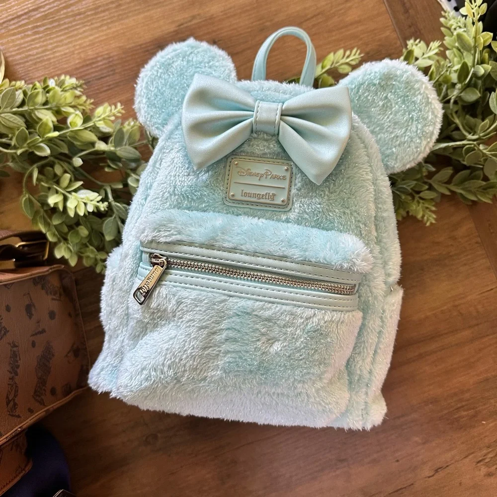 Disney park Loungefly Mint Plush Backpack with Bow Tinsel - Picture 1 of 5